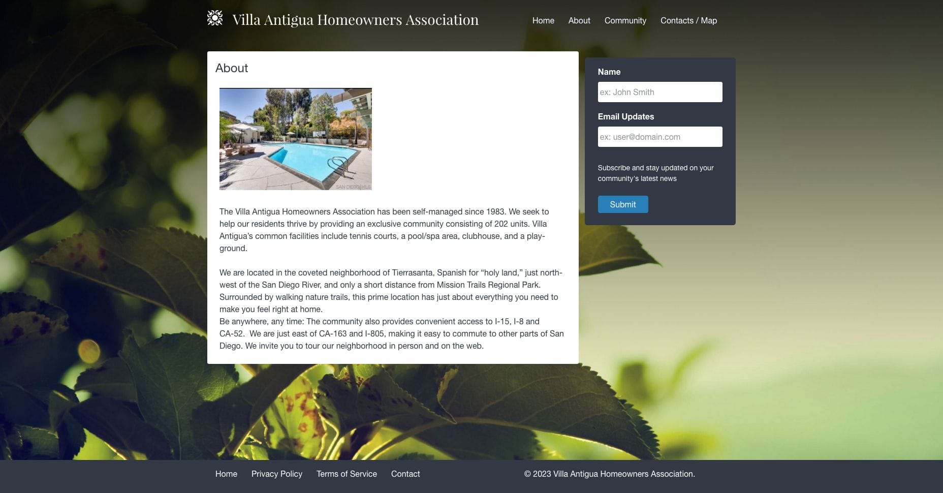 Screenshot of the Villa Antigua Homeowners Association website's About page, featuring a form on the right for name and email updates and a submit button. The background image shows a swimming pool surrounded by greenery.