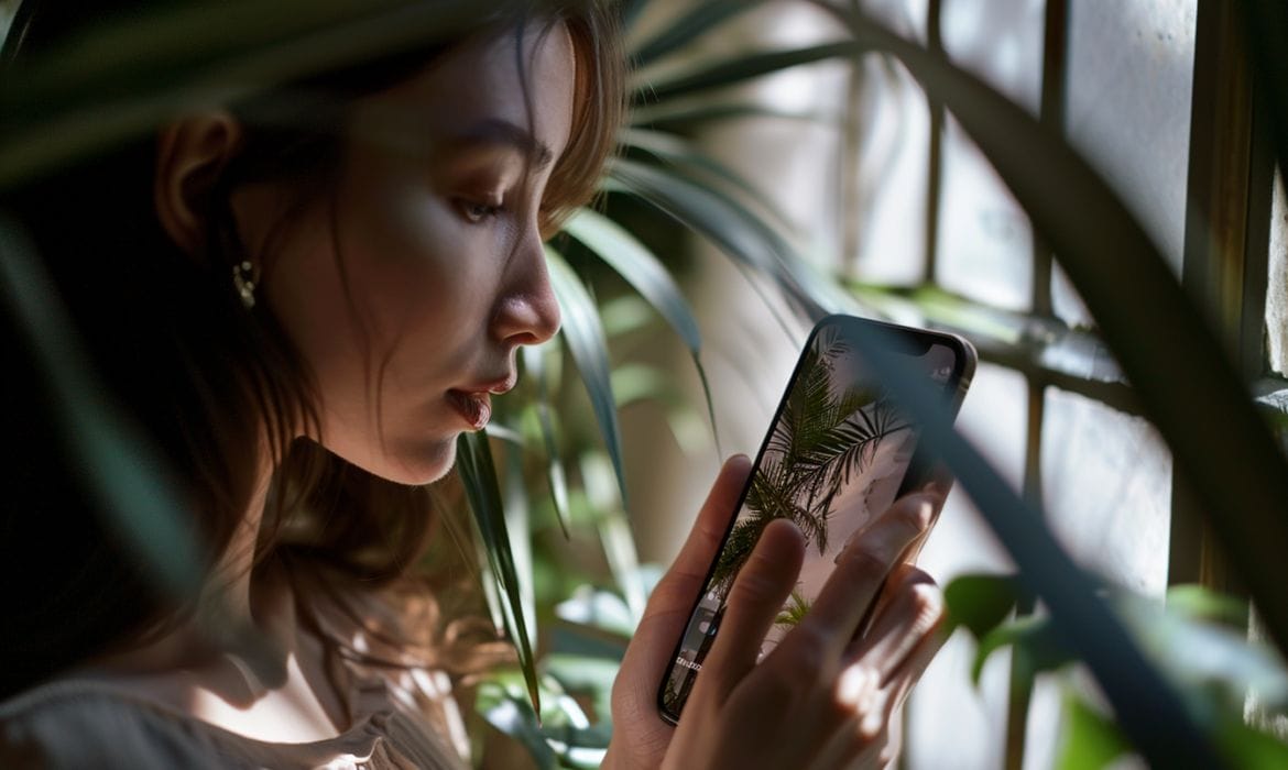 A woman stands near a window, partially surrounded by leafy plants. She is holding a smartphone displaying an image of palm trees. Sunlight filters through the leaves, casting gentle shadows on her face.