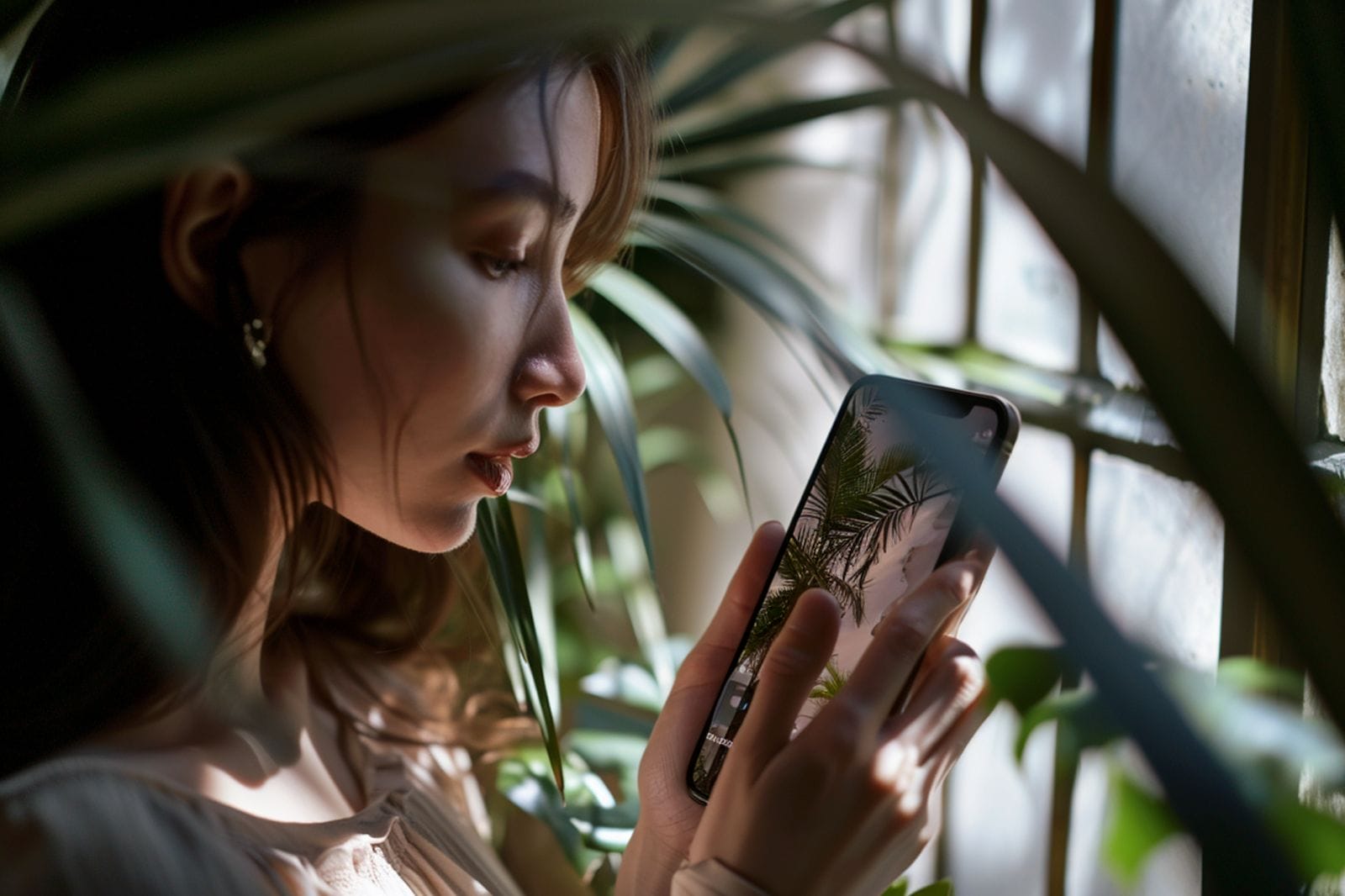 A woman stands near a window, partially surrounded by leafy plants. She is holding a smartphone displaying an image of palm trees. Sunlight filters through the leaves, casting gentle shadows on her face.