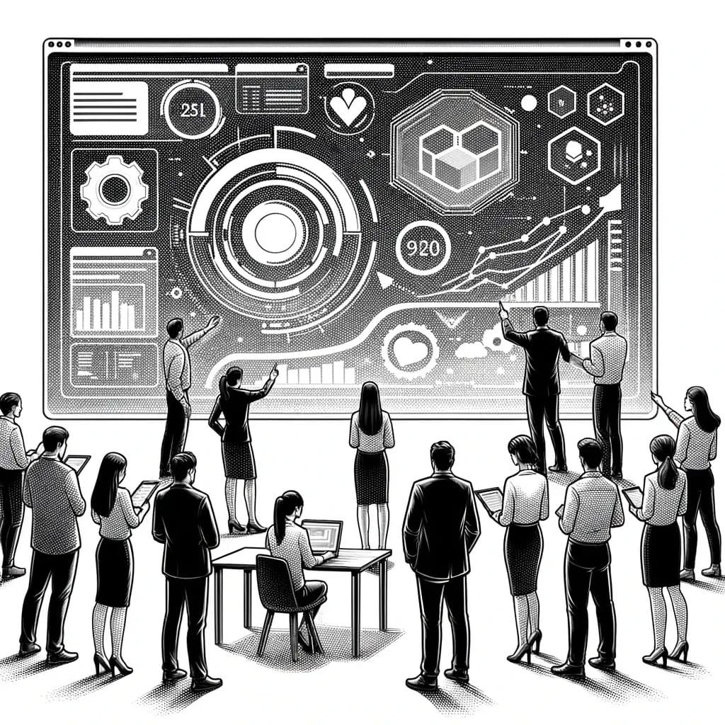 A group of people analyze a large digital display with charts, graphs, and icons. Some stand pointing, while others sit with laptops. Data visualizations include circular and line graphs, indicating a tech-focused meeting. Black and white illustration.