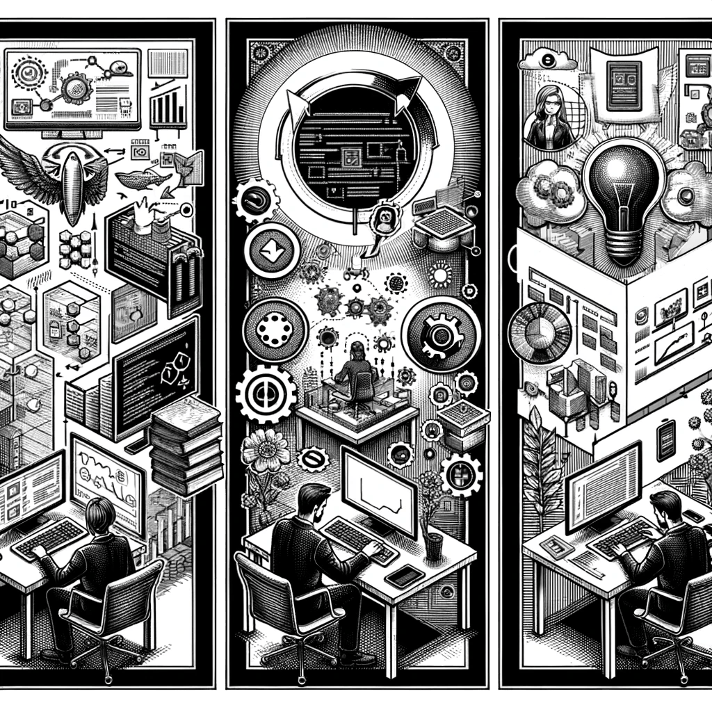 A black-and-white illustration depicts three panels. Each shows people at desks with computers amidst gears, lightbulbs, and technological icons symbolizing innovation and data analysis. It's detailed with elements like wings, nature, and abstract patterns.