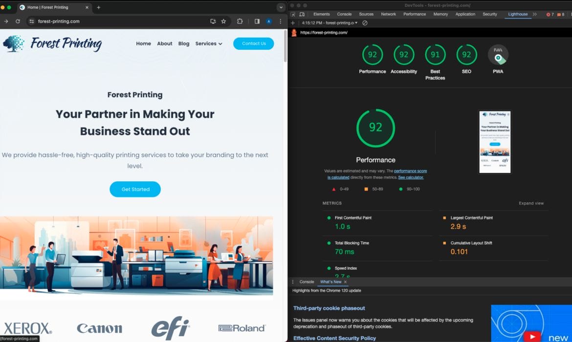 Screenshot showing a "Forest Printing" website homepage on the left, featuring printing services, and a web performance report on the right, showing a performance score of 92. The page highlights metrics such as accessibility and best practices.