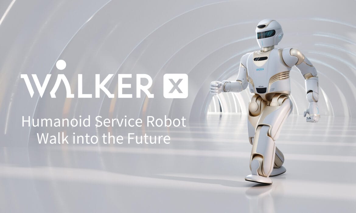 A sleek humanoid robot walks through a futuristic, white, tubular corridor. Text reads: "WALKER X Humanoid Service Robot Walk into the Future." The robot has a white and blue color scheme and a streamlined design.