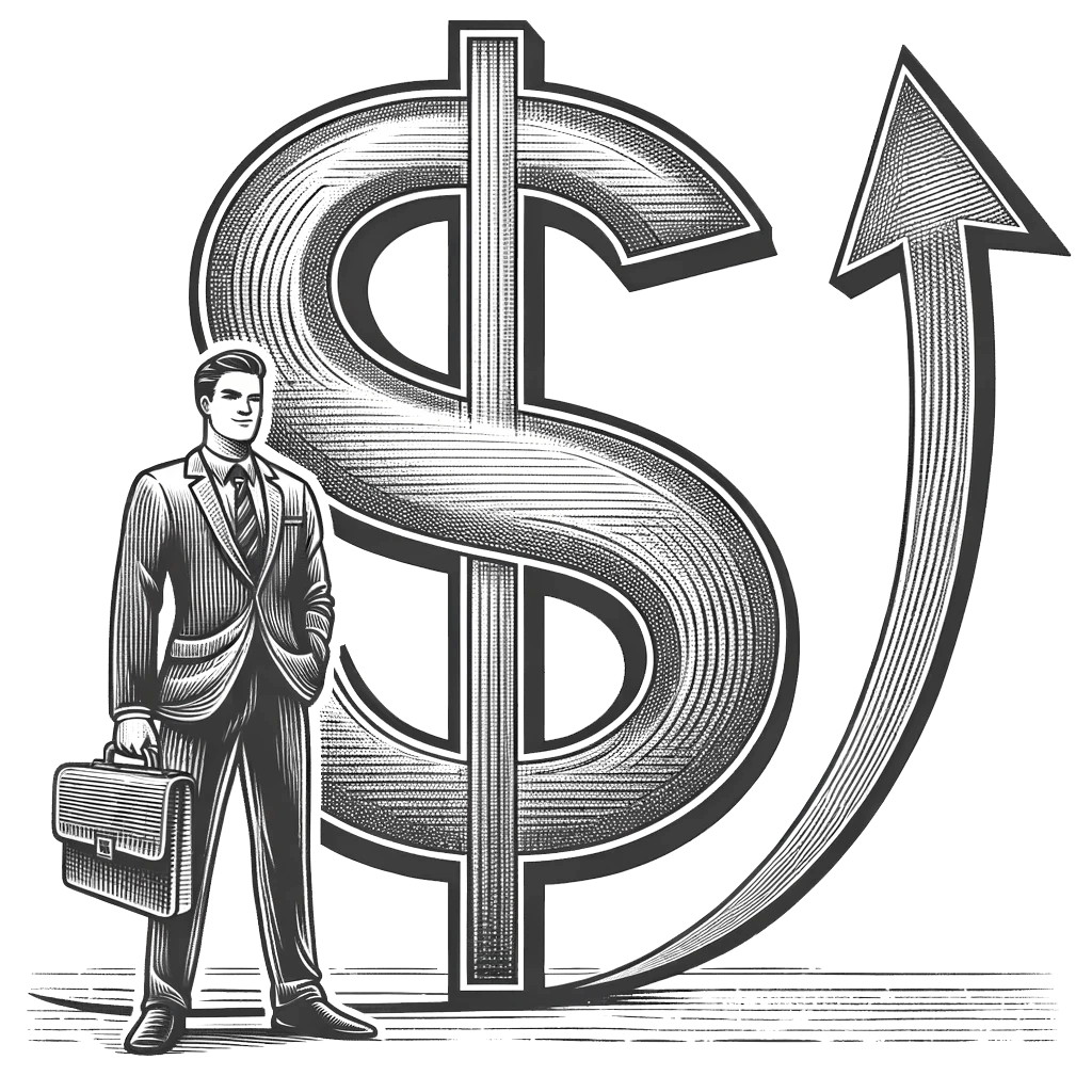 A businessman holding a briefcase stands next to a large dollar sign, with an upward arrow integrated into the design, symbolizing financial growth and success. The image is black and white with a polished, stylized look.