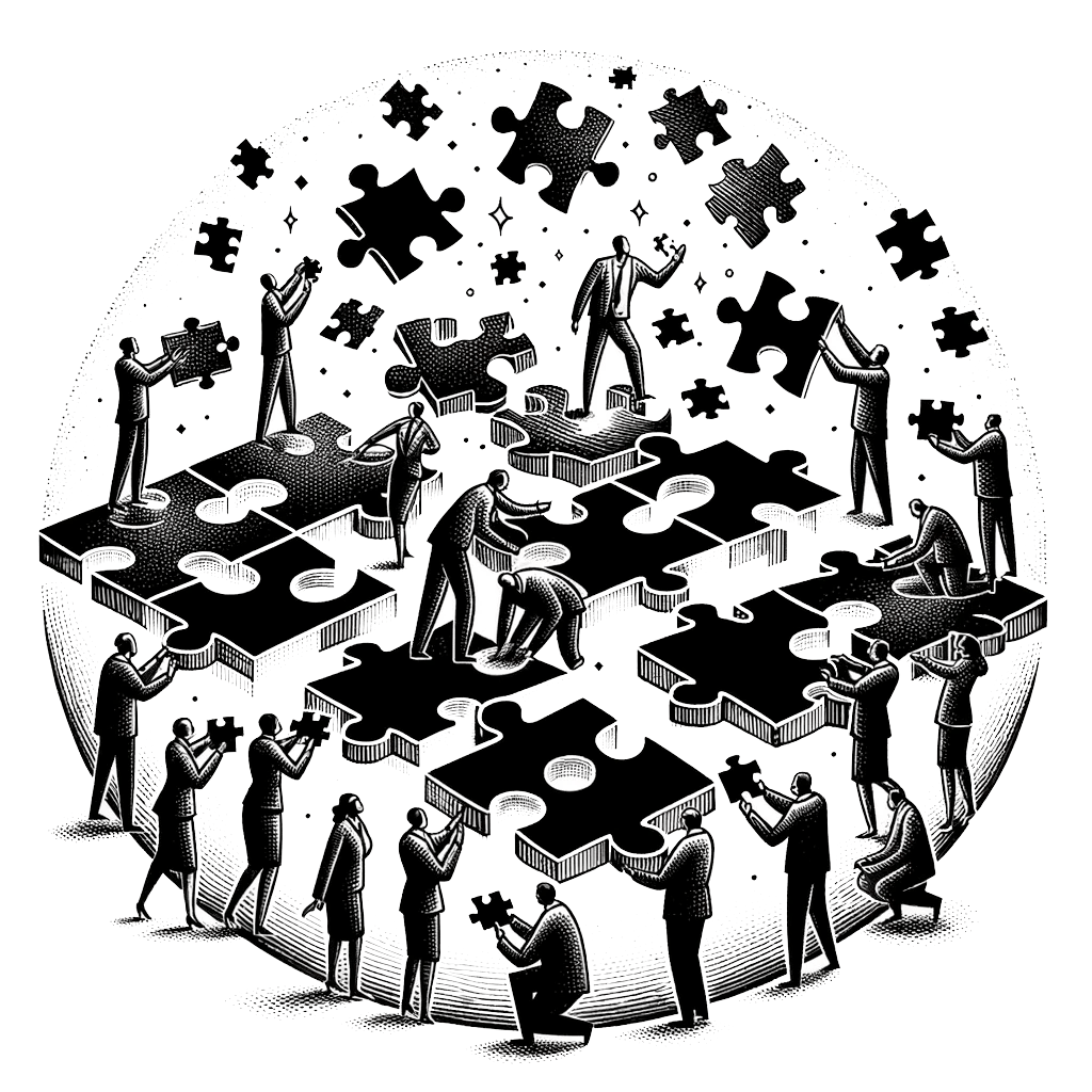 Illustration of people collaboratively assembling a giant puzzle, with various pieces floating above them. Each person holds a piece, symbolizing teamwork and problem-solving. The image is in black and white, with a circular composition.