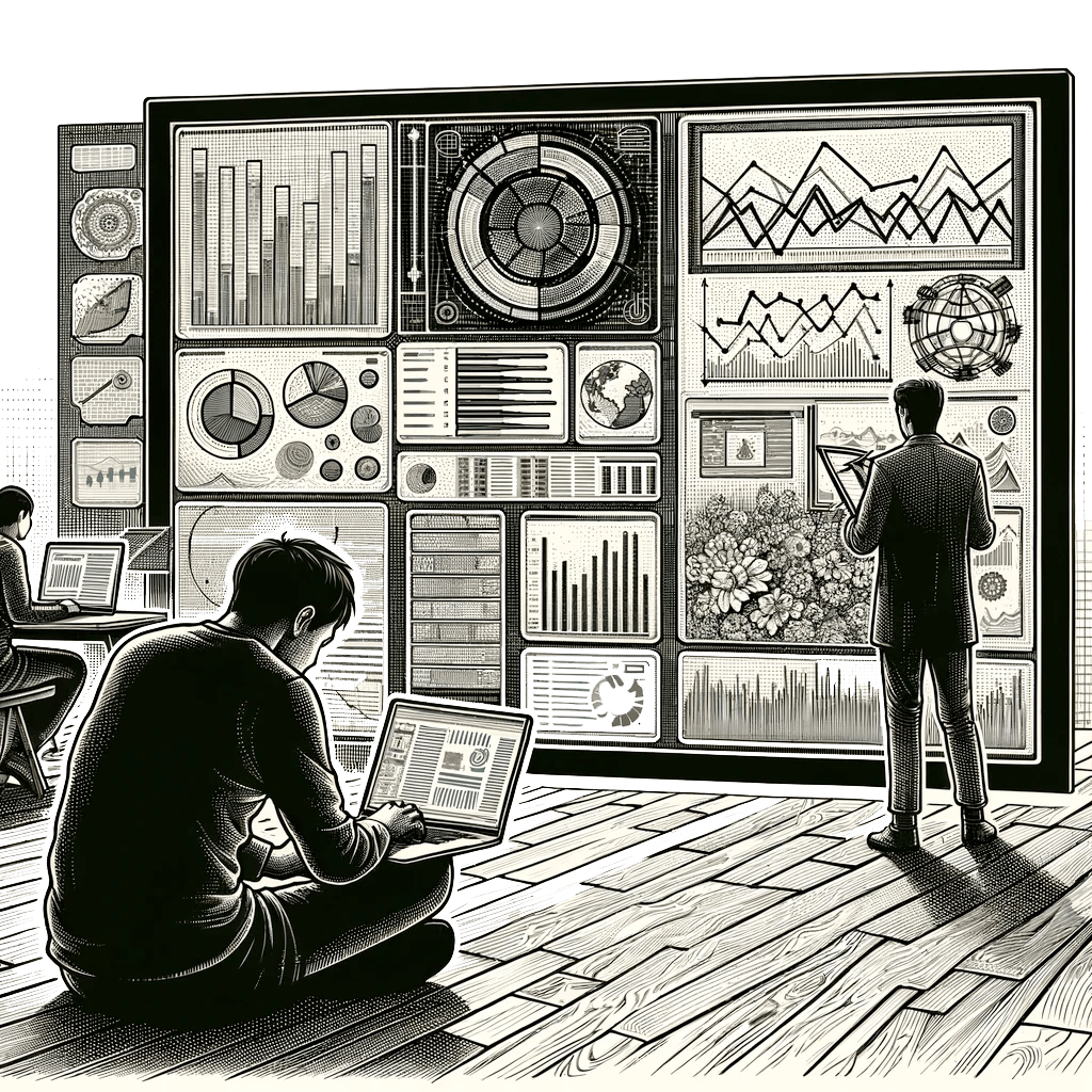 People analyzing data on laptops and a large digital display filled with charts and graphs. The scene has a monochrome, sketch-like style, with a focus on technology and information visualization.