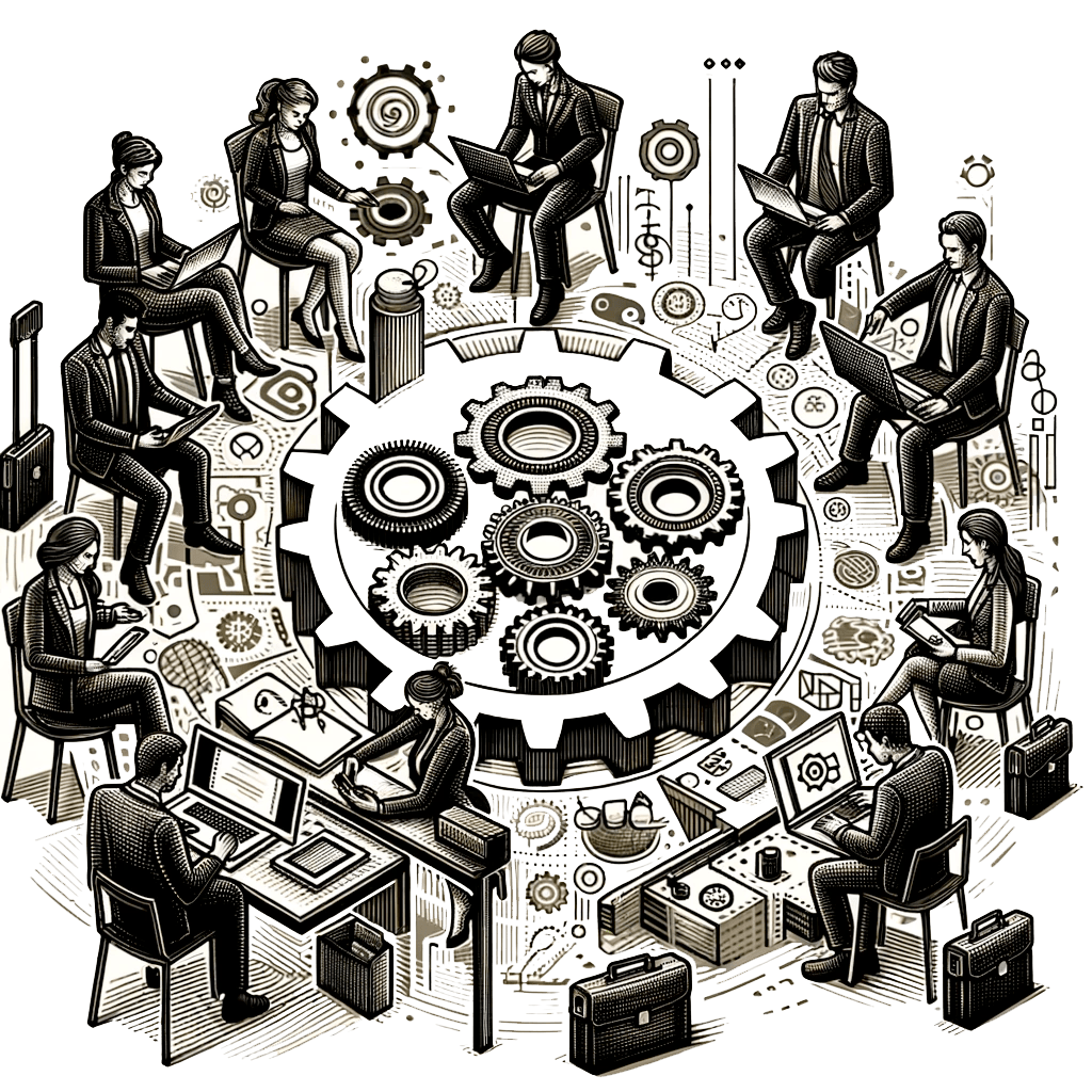 A monochrome illustration of businesspeople in suits seated in a circle around a large gear, working on laptops and tablets. The gear is surrounded by smaller gears and digital symbols, suggesting a collaborative and technology-driven environment.