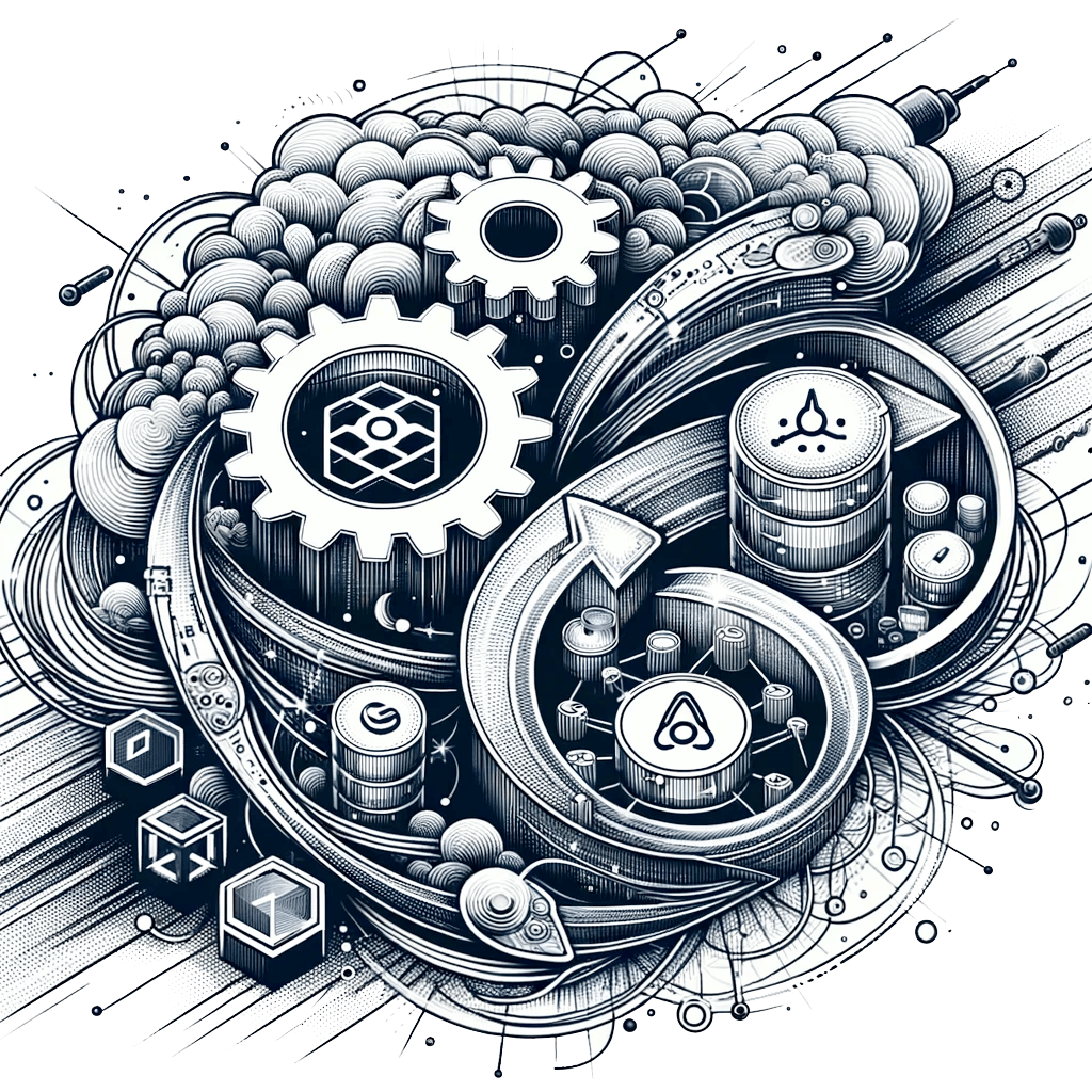 Intricate illustration featuring mechanical gears, swirling arrows, and digital cloud-like forms, symbolizing technology integration and innovation. Various icons and interconnected lines suggest concepts of data, speed, and efficiency in a complex network.