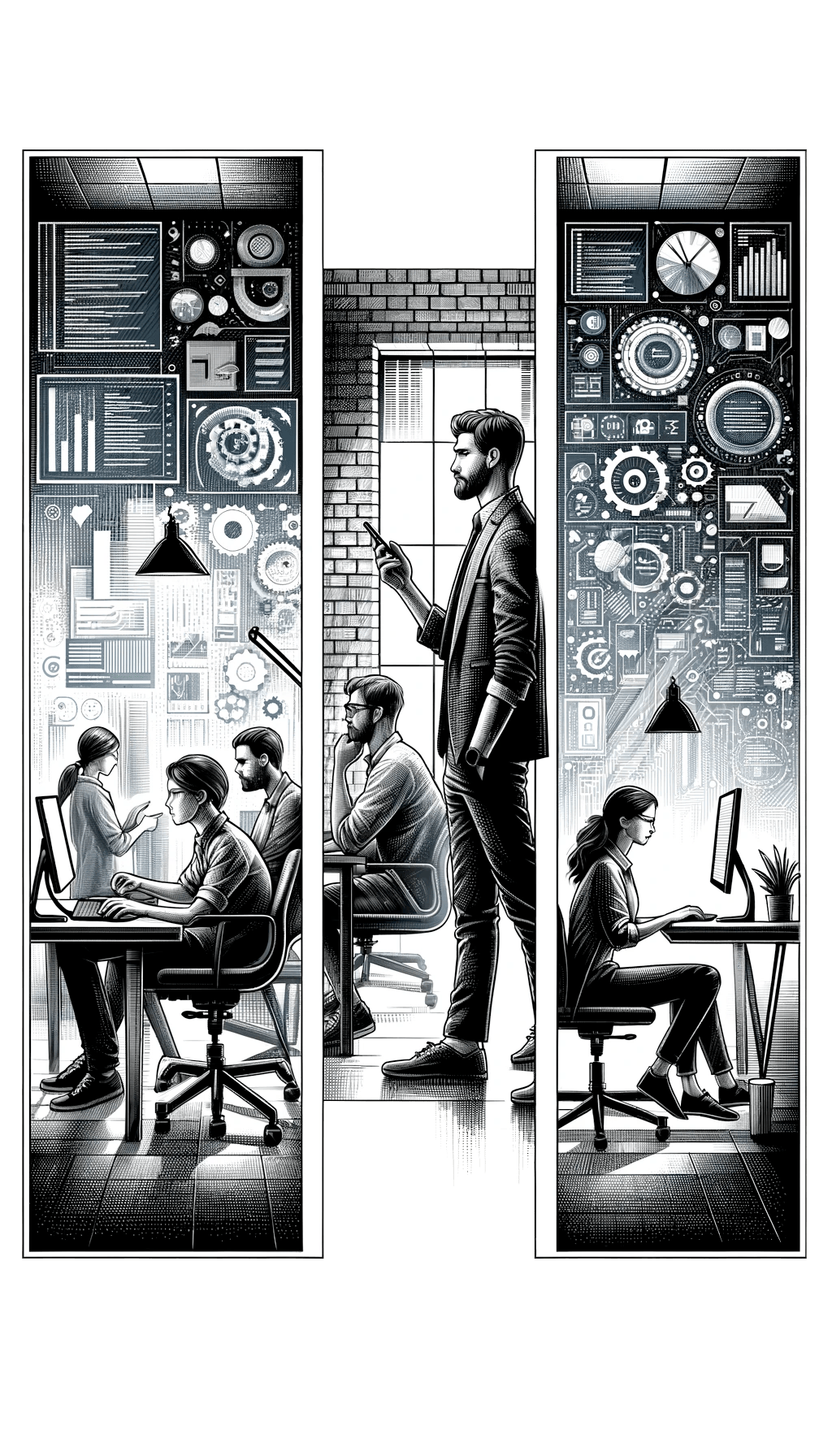 Triptych illustration of a modern tech office, showcasing detailed black and white artwork of employees working, technology interfaces, and data visualization screens.