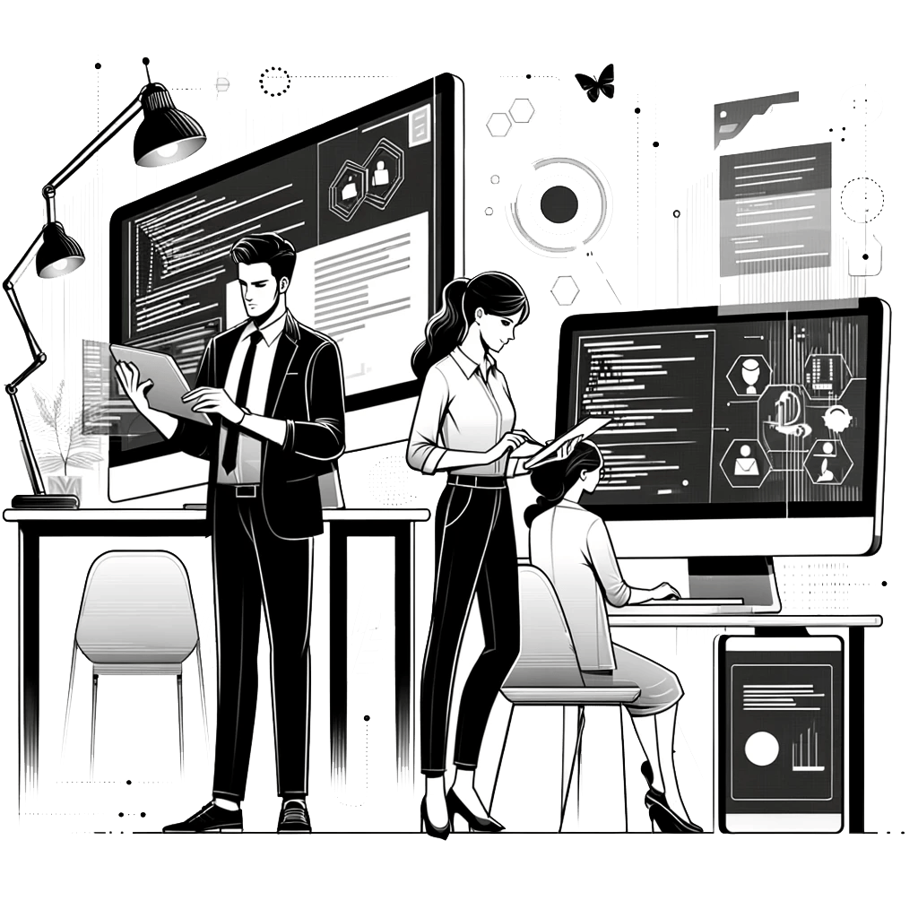 Illustration of three people in a tech office. One person reads a document near a large screen displaying code, another writes on a tablet, and a child sits at a desk with a computer showing diagrams. Modern office decor and tech elements surround them.