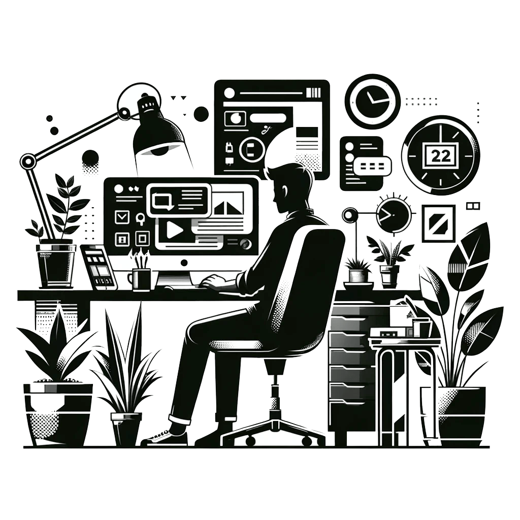 A black and white illustration of a person sitting at a desk working on a computer. The workspace is surrounded by plants, a desk lamp, and various digital icons and clocks. The scene conveys a modern, organized office environment.