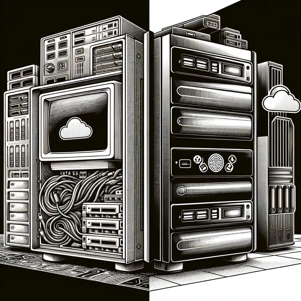 Illustration of various computer servers and network devices interconnected with cables. A cloud icon is displayed on a monitor, symbolizing cloud computing. The design is in a detailed, monochrome style.