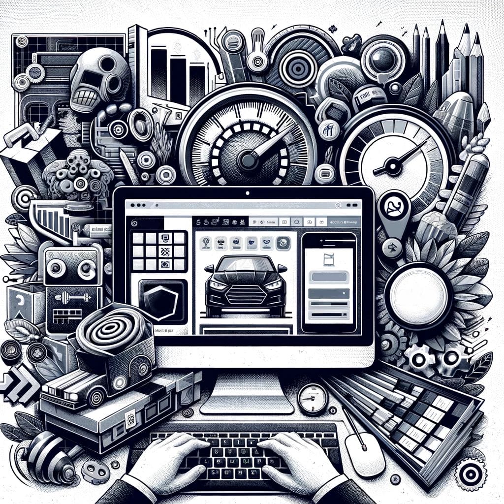 A grayscale illustration featuring a computer screen displaying a car design interface. Surrounding it are various mechanical and digital icons, including gears, clocks, and other tools, with hands typing on a keyboard.