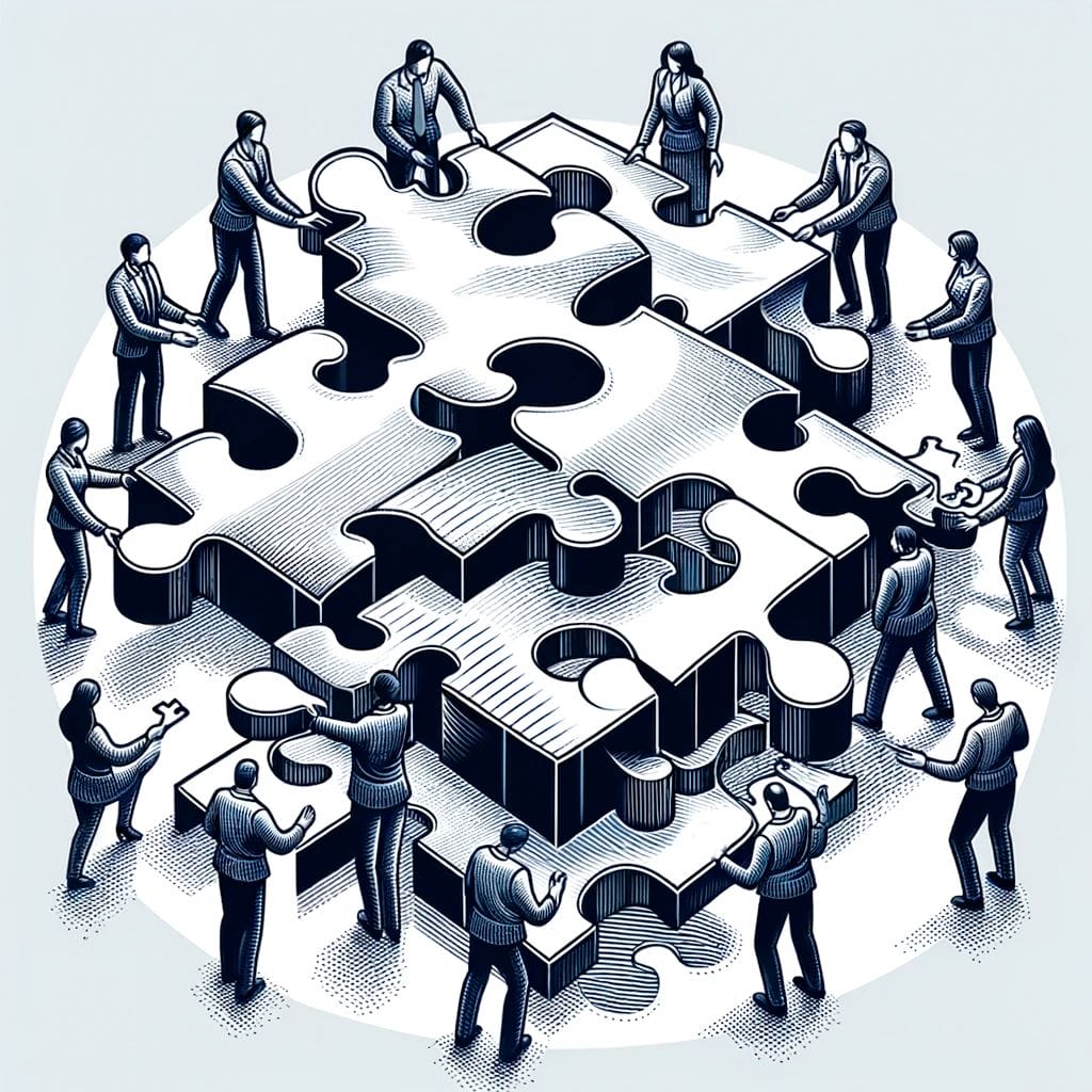 Illustration of people in business attire assembling a large, three-dimensional jigsaw puzzle. The puzzle is made of interconnected pieces, symbolizing teamwork and collaboration. The figures are placing pieces, suggesting cooperative problem-solving.