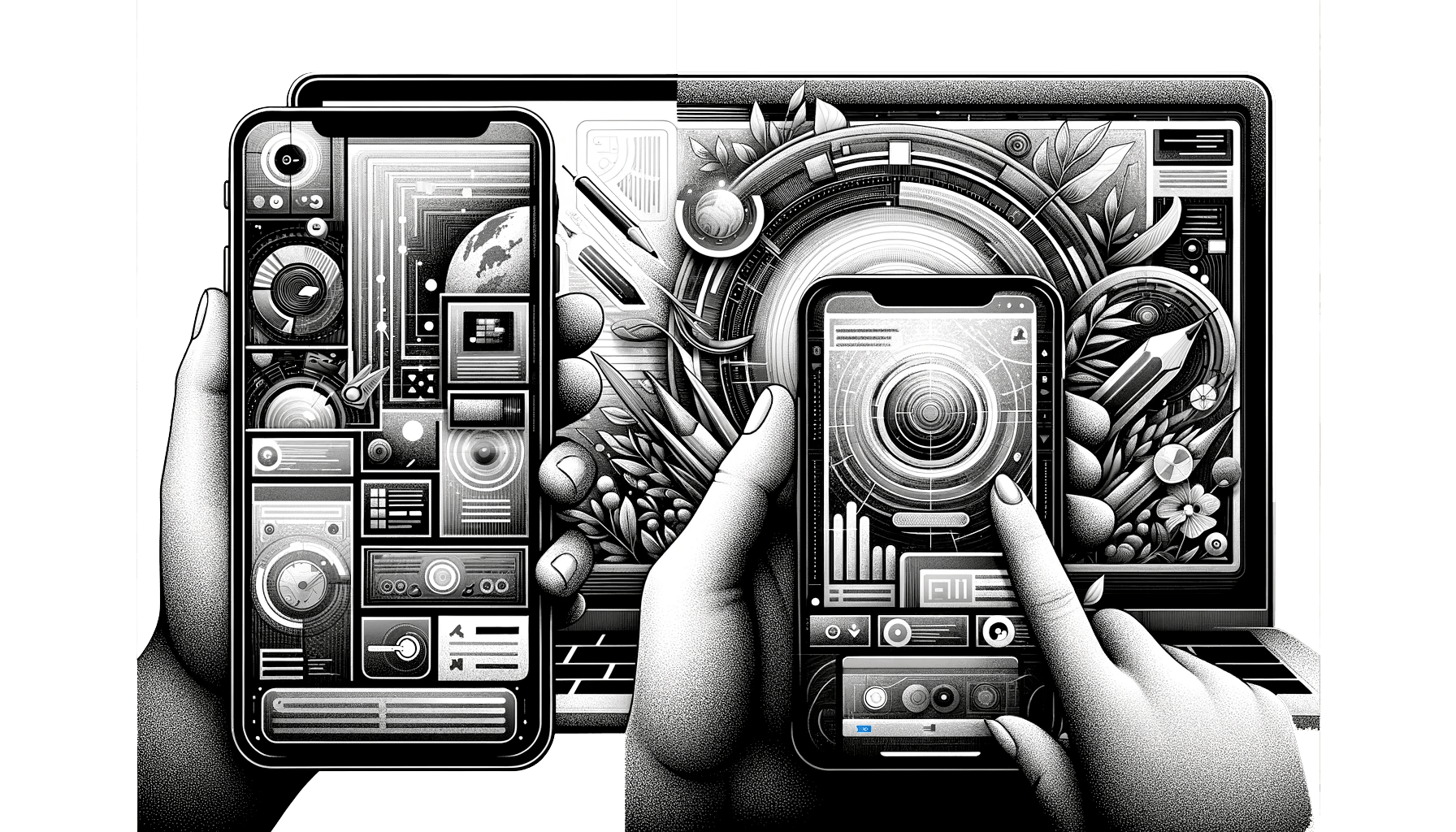 Black and white illustration of hands holding smartphones in front of a laptop. The screens display futuristic, complex digital interfaces with various geometric shapes, charts, and cosmic elements, blending technology and surrealism.