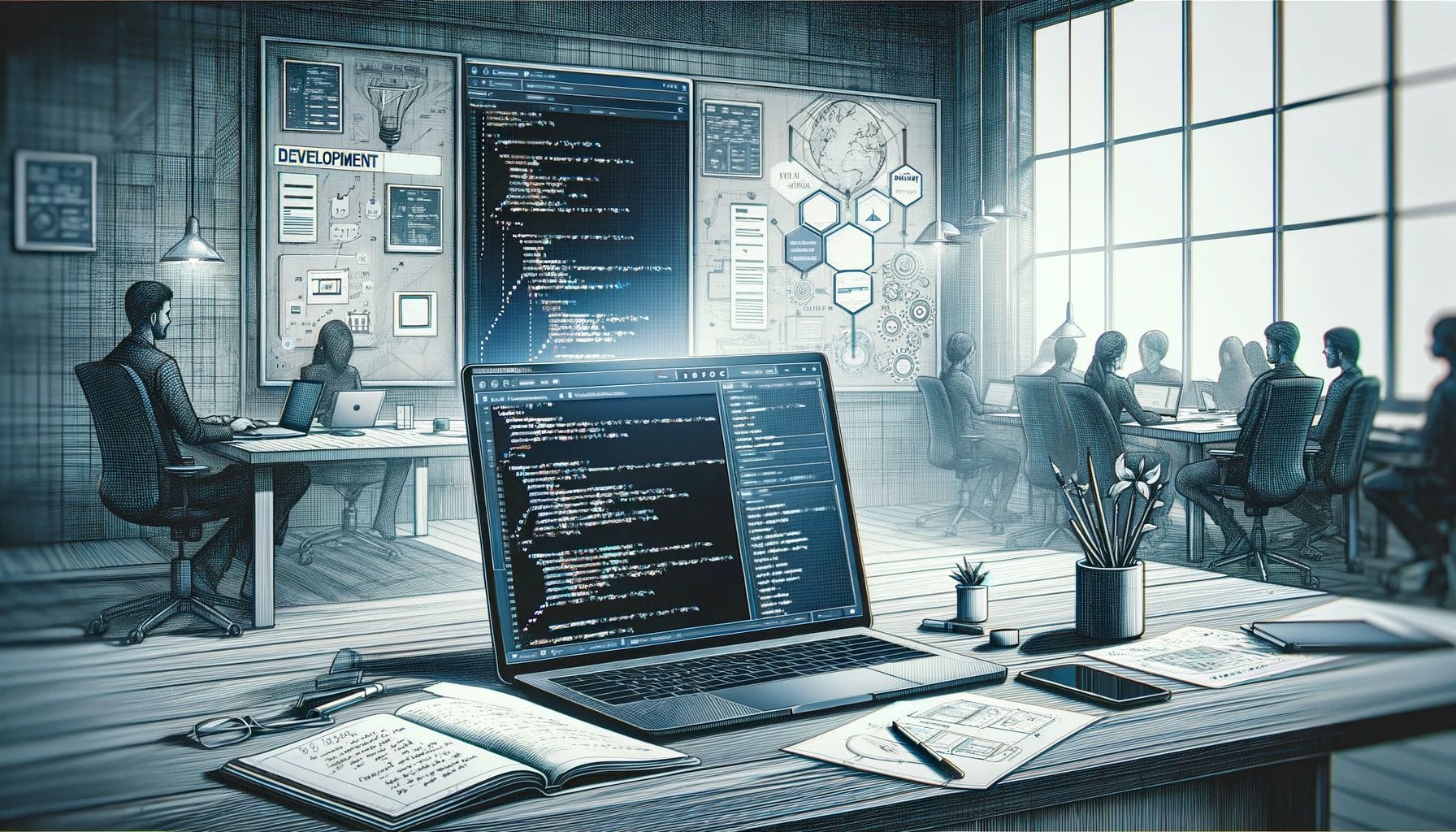 A modern office with people working at desks, computers displaying code, and development diagrams on walls. A prominent laptop shows programming scripts, surrounded by notebooks and a cup. Large windows provide natural light.