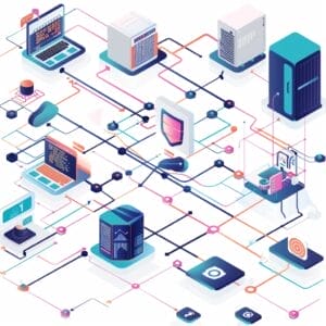 Isometric illustration of a networked digital infrastructure with interconnected devices, including laptops, servers, and data centers. Lines and nodes depict data flow and connectivity in a futuristic, technological environment.